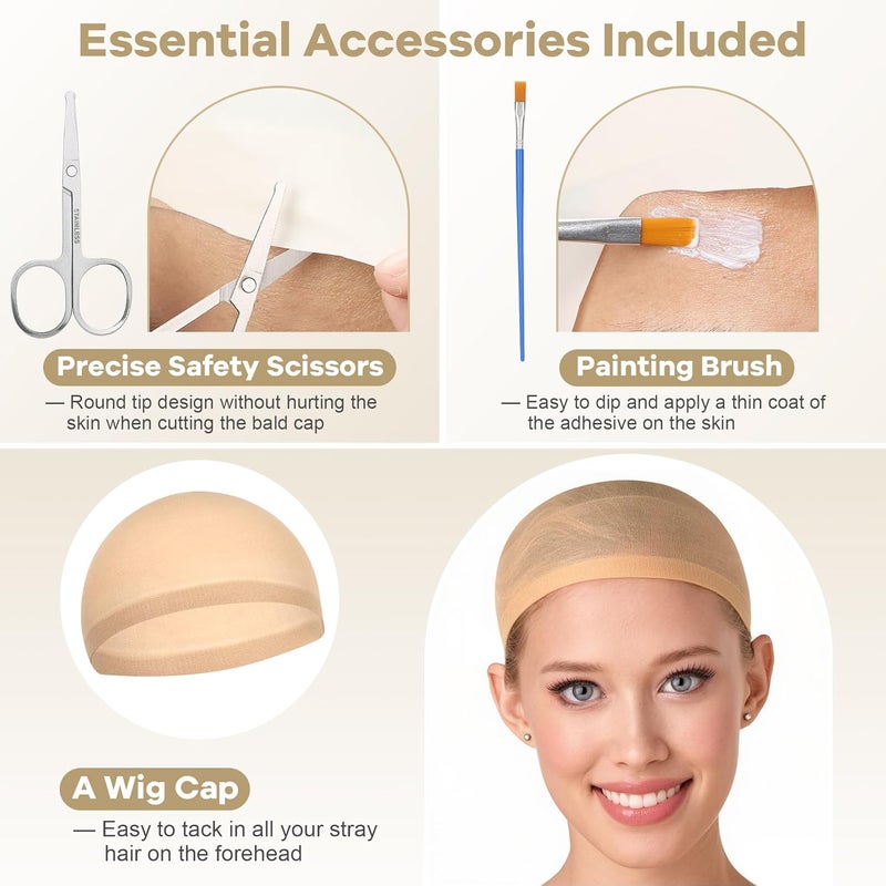 MetFun 8PCS Professional Bald Cap Kit for Men Women Halloween Costume Makeup SFX Makeup Accessories with Prosthetic Adhesive Nude Wig Cap Safety Scissors Painting Brush Perfect for Cosplay Dress-Up & Theatre - Image 4